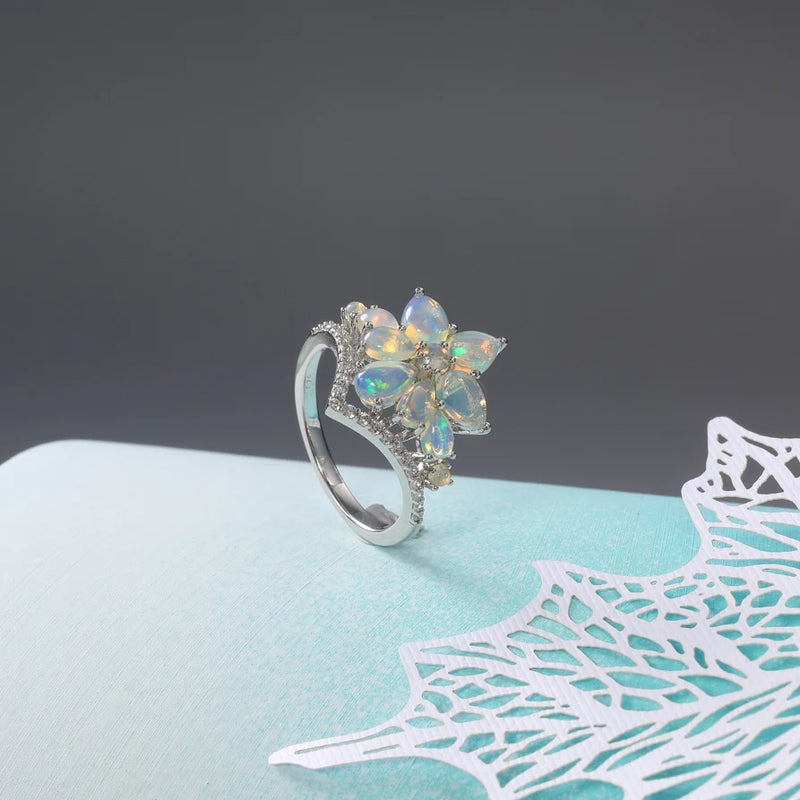 925 Sterling Silver Opal Ring with Custom Flower Engagement Setting for Women