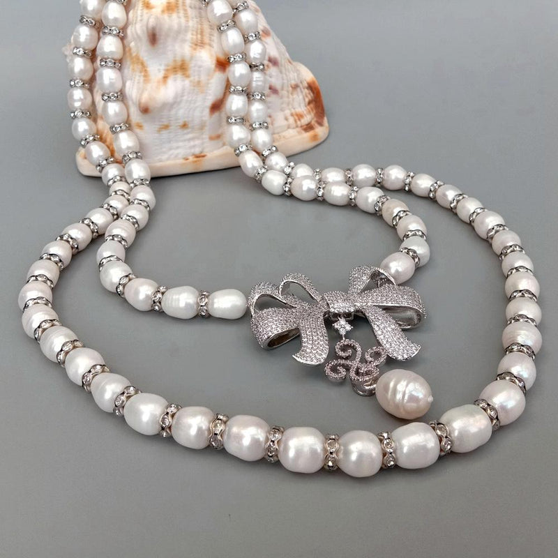 Silver Freshwater Cultured White Rice Pearl Necklace with Bowknot Pendant for Women