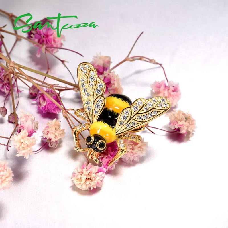 925 Sterling Silver Yellow Gold Enamel Bee Brooch for Women