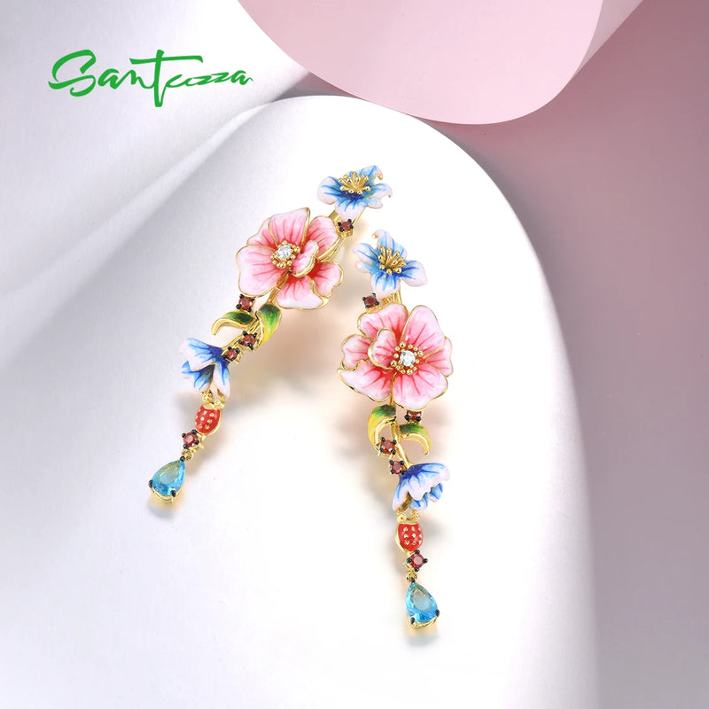 Sterling Silver Colorful Enamel Flower Drop Earrings for Women