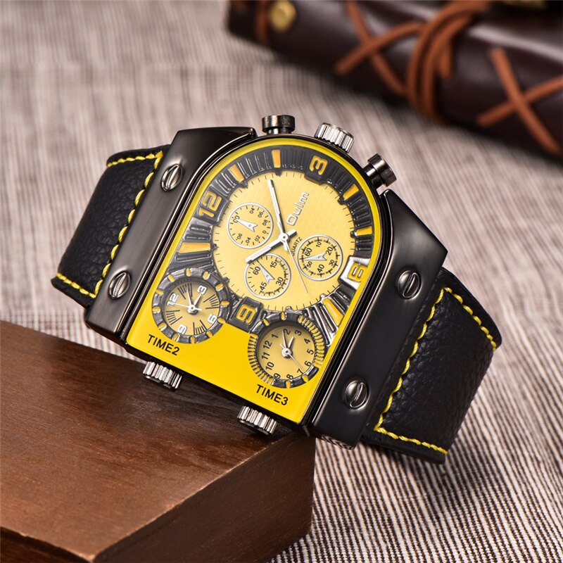 Leather Big Size Three Time Zone Outdoor Sports Watch for Men