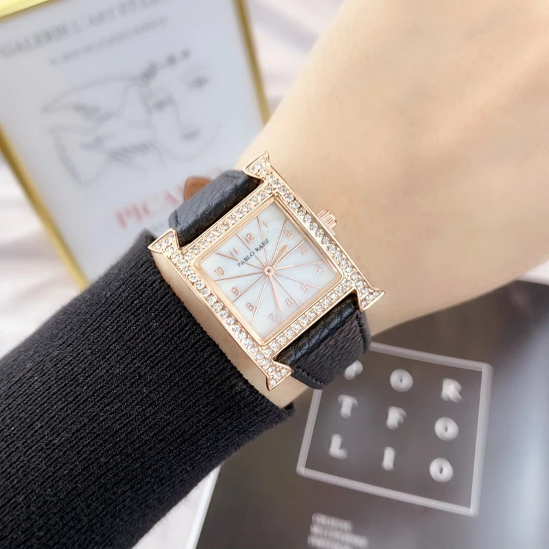 Luxury Diamond Women's Wristwatch with Leather Band and Orange Jewelry Details