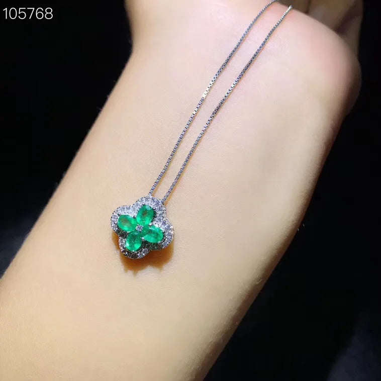 925 Silver Emerald Necklace with Clover and Grains Selection, High-end Jewelry