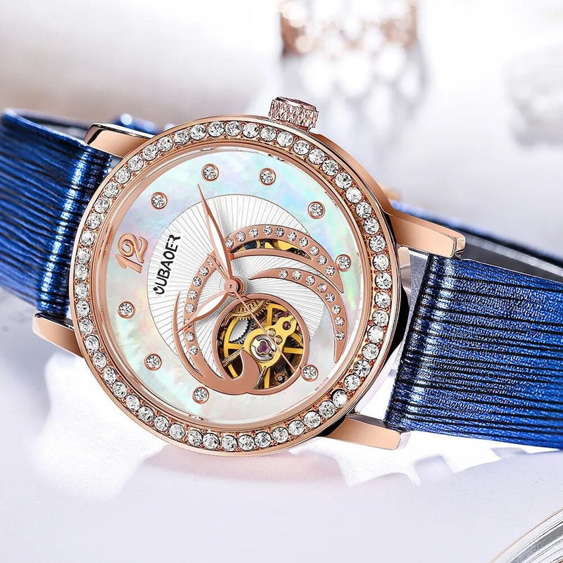 Stainless Steel Diamond Dial Leather Strap Automatic Watch for Women