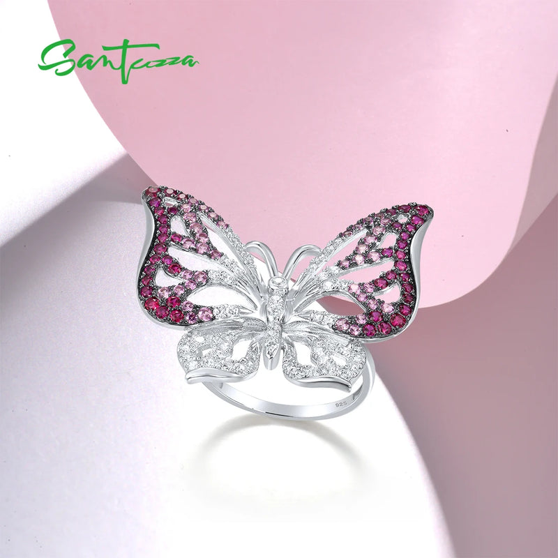 925 Sterling Silver Sparkling Red Stones and White CZ Butterfly Ring For Women