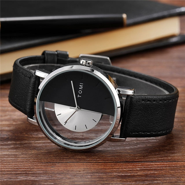 Stainless Steel Leather Half Transparent Unisex Watch