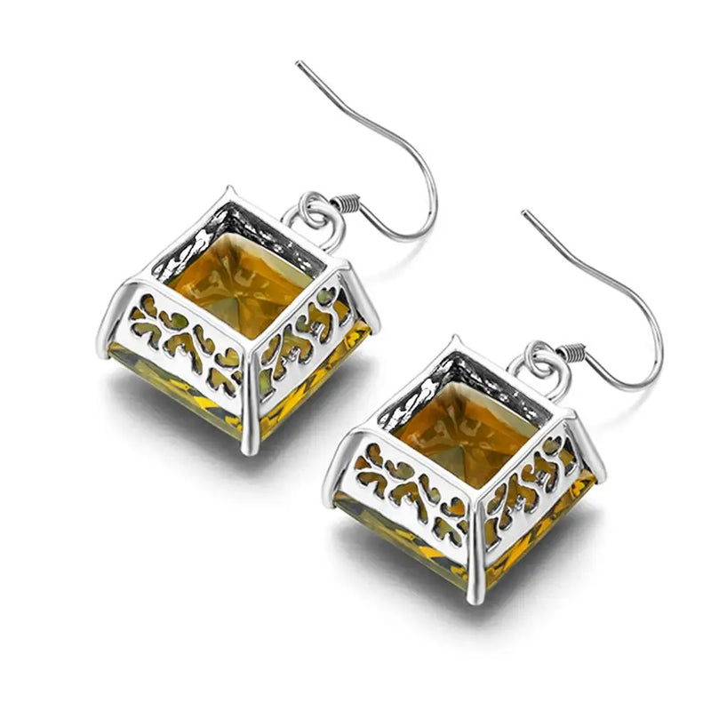 925 Sterling Silver Yellow Crystal Square Earrings for Women