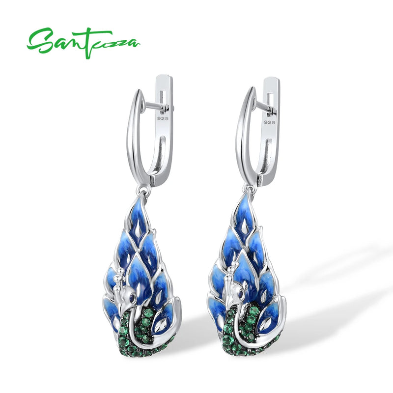 Sterling Silver Green Spinel Blue Enamel Peacock Drop Earrings for Women