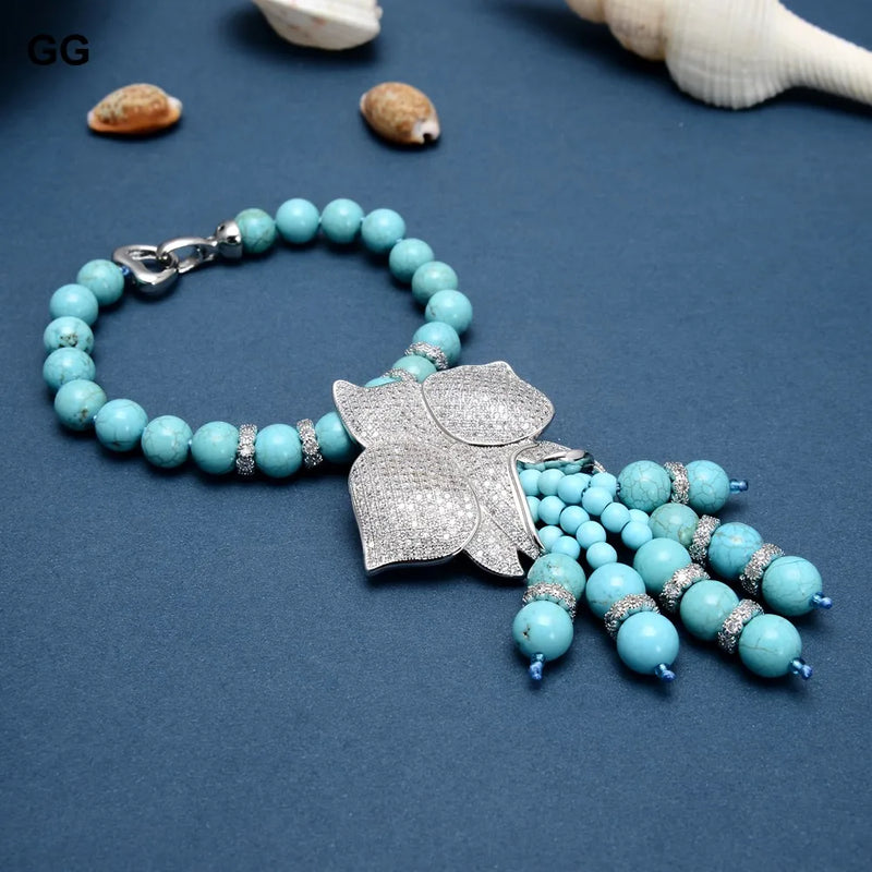 Sterling Silver Blue Turquoise Cubic Zirconia Flower Tassel Set For Women