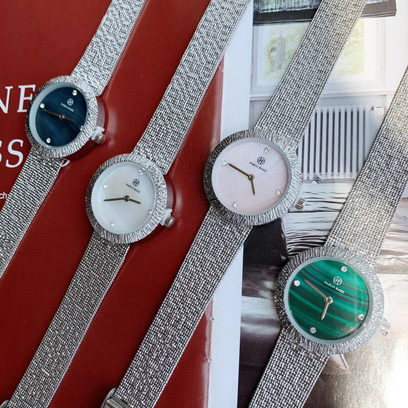 Women's Green Textured Watch with Silver Mesh Band and Japan Movement - Fashionable, Casual Style, High Quality.