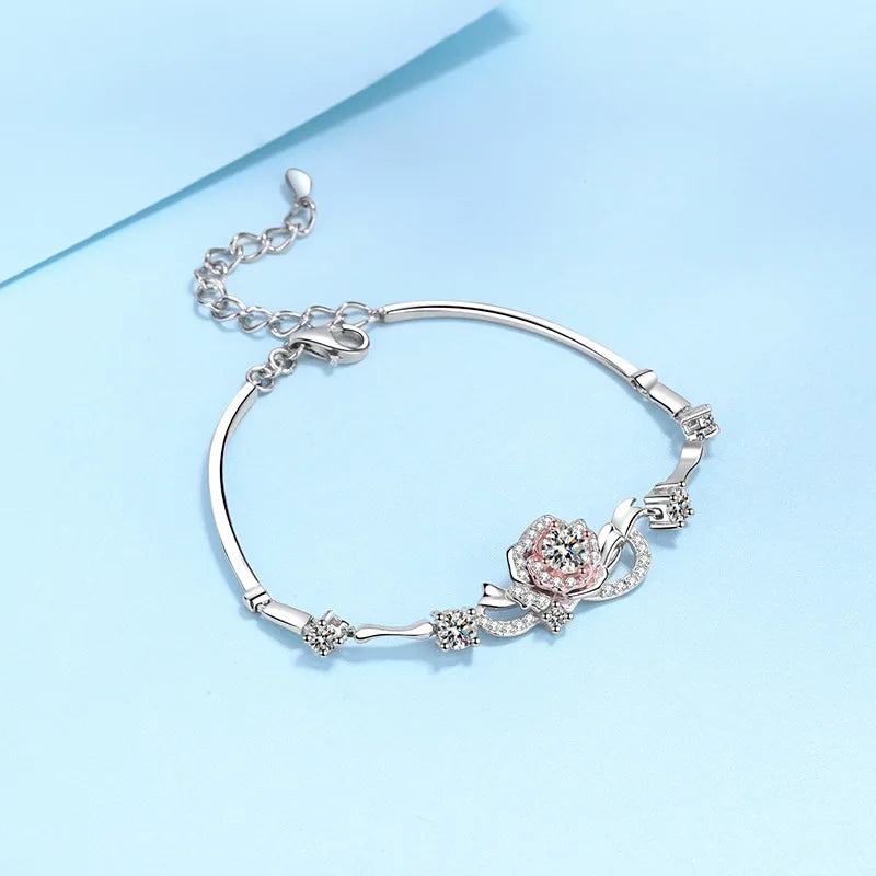 S925 Silver Rose Flower Moissanite Bracelet for Women