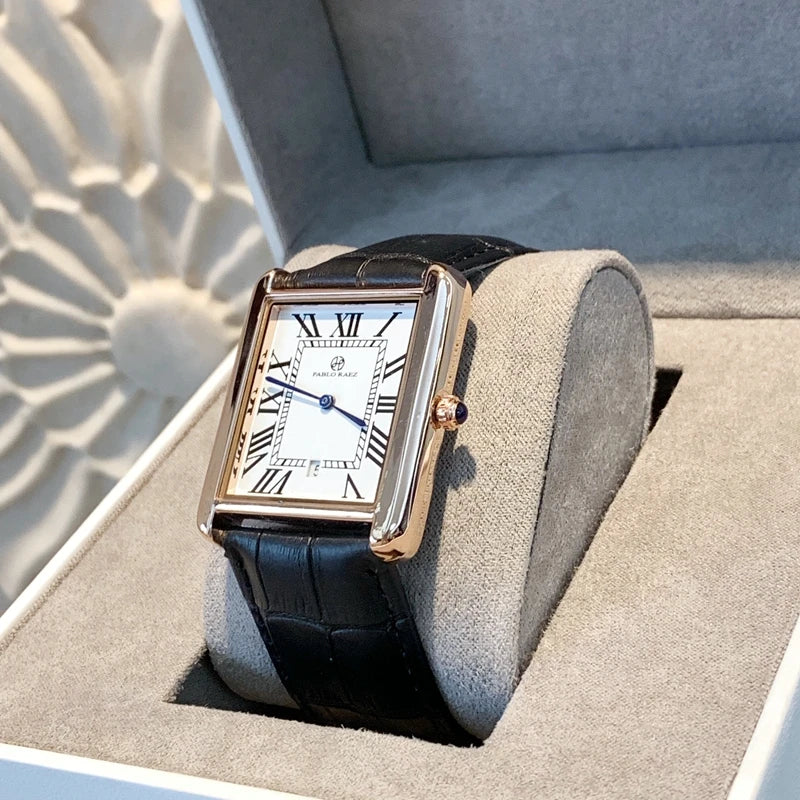 Stainless Steel Luxury Square Wristwatch with Leather Band and Quartz Movement for Women and Men