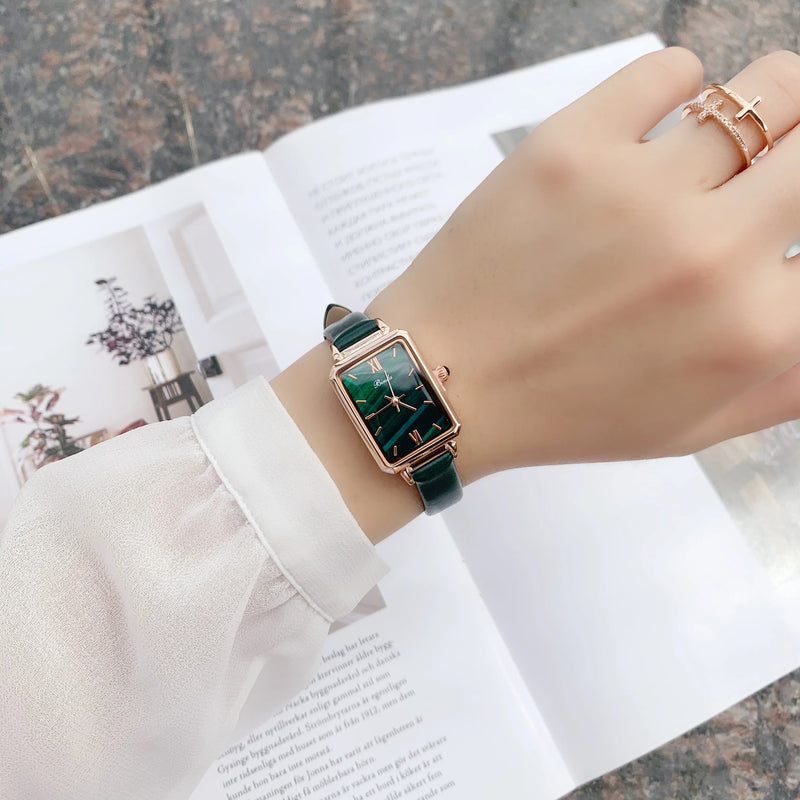 Slim, Green Rectangle Luxury Watch for Women: Quartz Movement, Waterproof, Leather Strap.