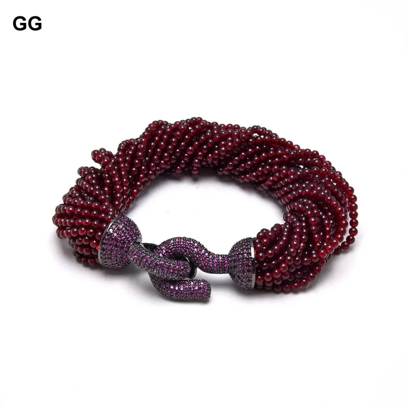 Gunmetal 20 Strands Garnet Beads Bracelet with Purple CZ Clasp, for Women