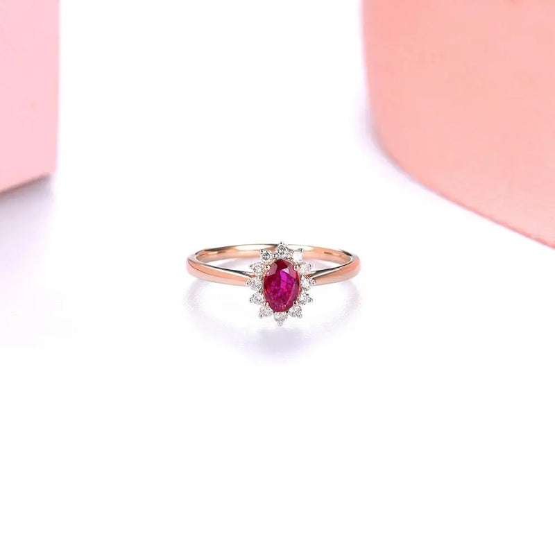 14K Rose Gold Red Ruby & Diamond Sunflower Ring for Women