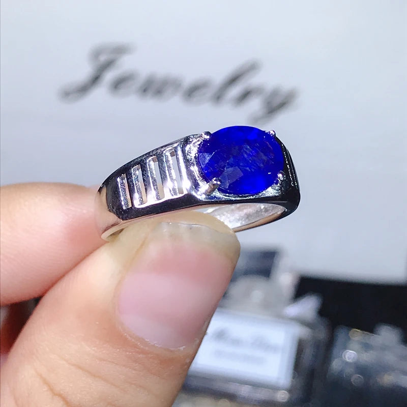 925 Pure Silver 2 Carat Natural Sapphire Ring with Super Atmosphere for Men