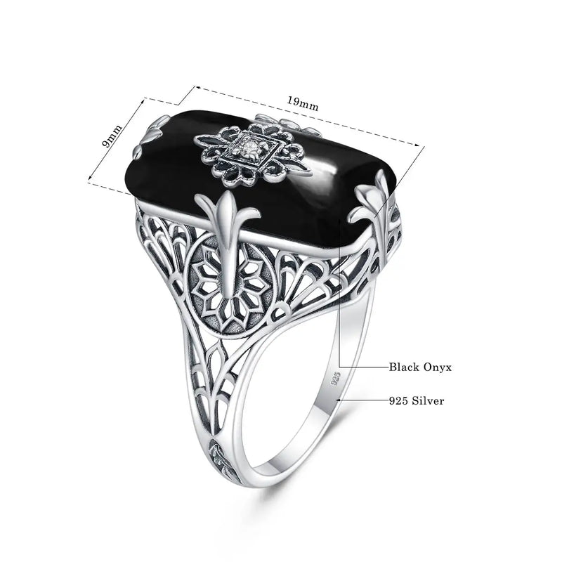 Sterling Silver Black Onyx Rectangle Ring for Women