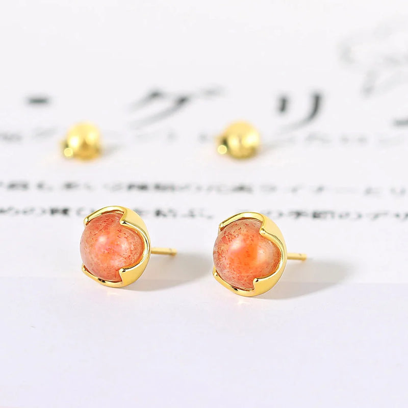 Sterling Silver Sunstone Stud Earrings with 14K Gold Plating for Women