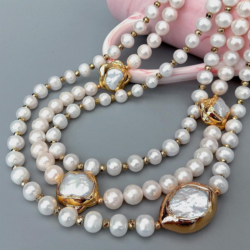 Y.YING 3 Rows Cultured White Freshwater Pearl Flower Olive Shape Pearl necklace 18\"