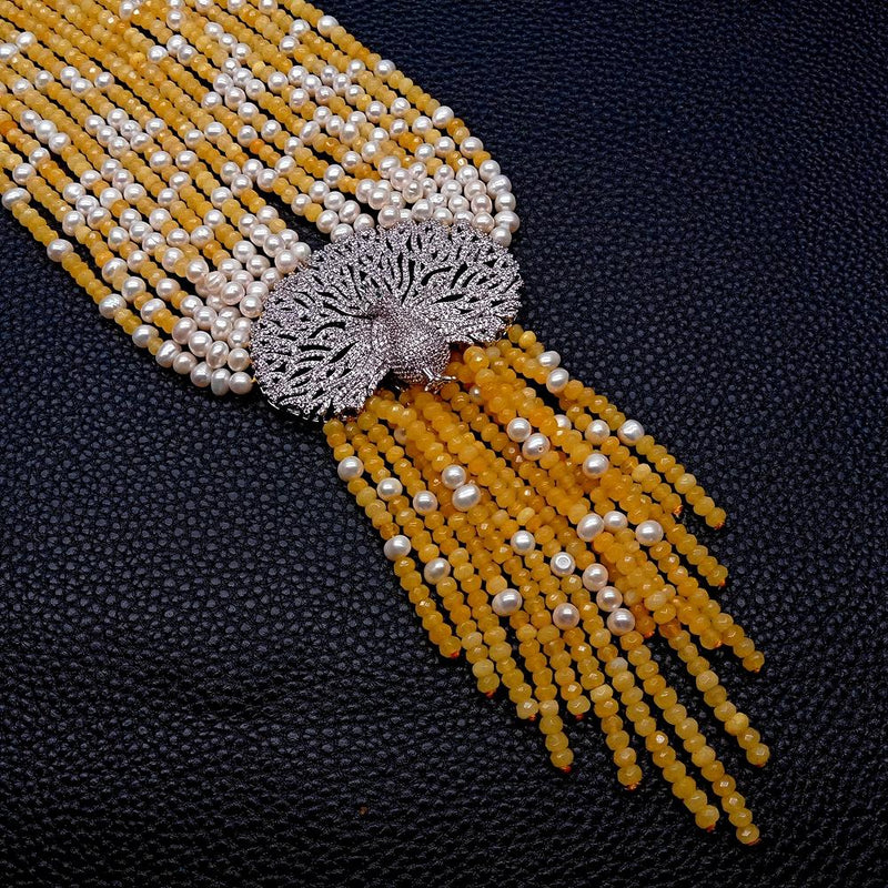 Silver 9 Strands Yellow Jade & White Freshwater Pearl Peacock Pendant Necklace for Women