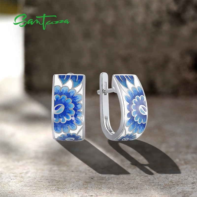 Sterling Silver Blue Enamel Flower Leaf Earrings For Women