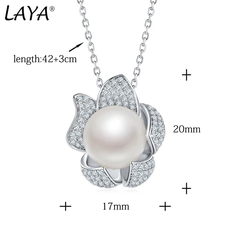 925 Sterling Silver Natural Pearl Flower Pendant Necklace for Women