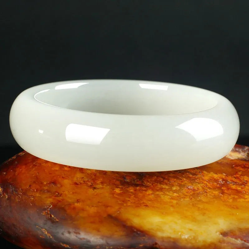 925 Sterling Silver Natural White Jade Bangle Bracelet for Women