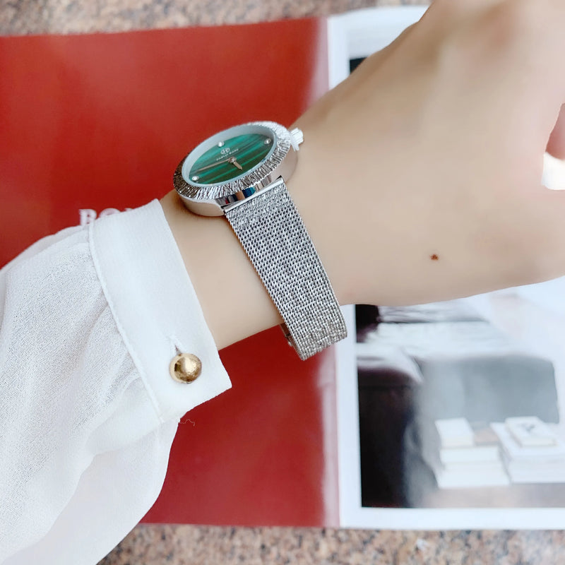 Women's Green Textured Watch with Silver Mesh Band and Japan Movement - Fashionable, Casual Style, High Quality.