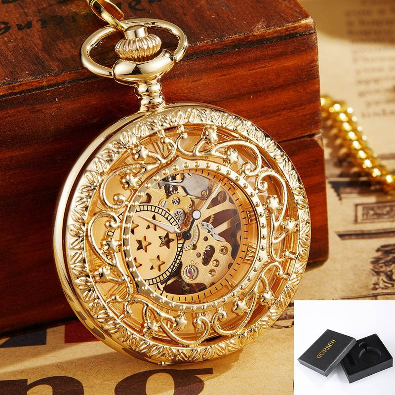 Gold Skeleton Hollow Pocket Watch with FOB Chain for Mens and Womens