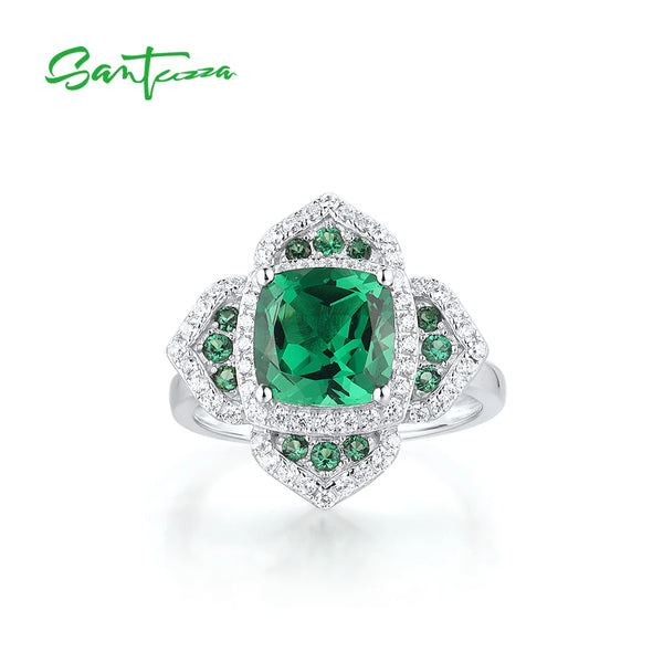 925 Sterling Silver Square Green Spinel & White CZ Flower Ring for Women