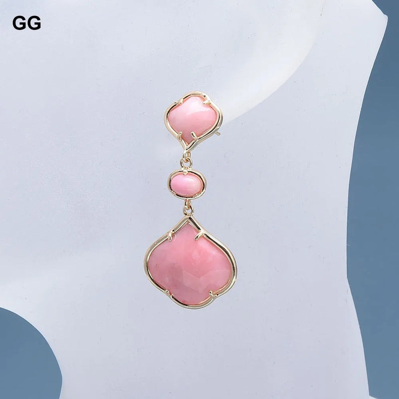 Gold Plated Peach Pink Jade Flower Dangle Stud Earrings for Women