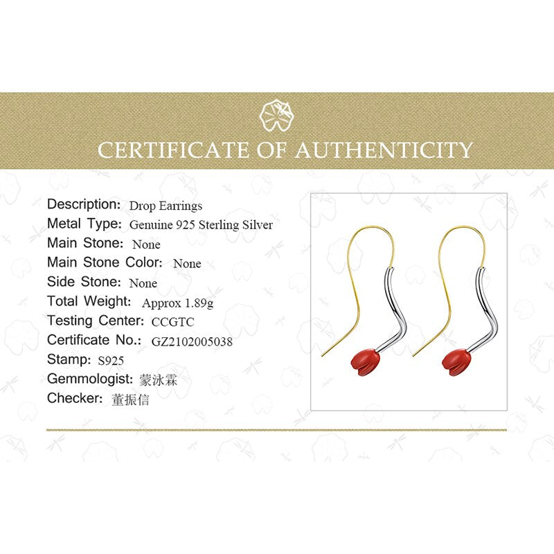 925 Sterling Silver Red Rose Flower Dangle Earrings for Women