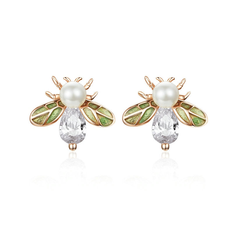 Sterling Silver Clear CZ Bee Stud Earrings for Women