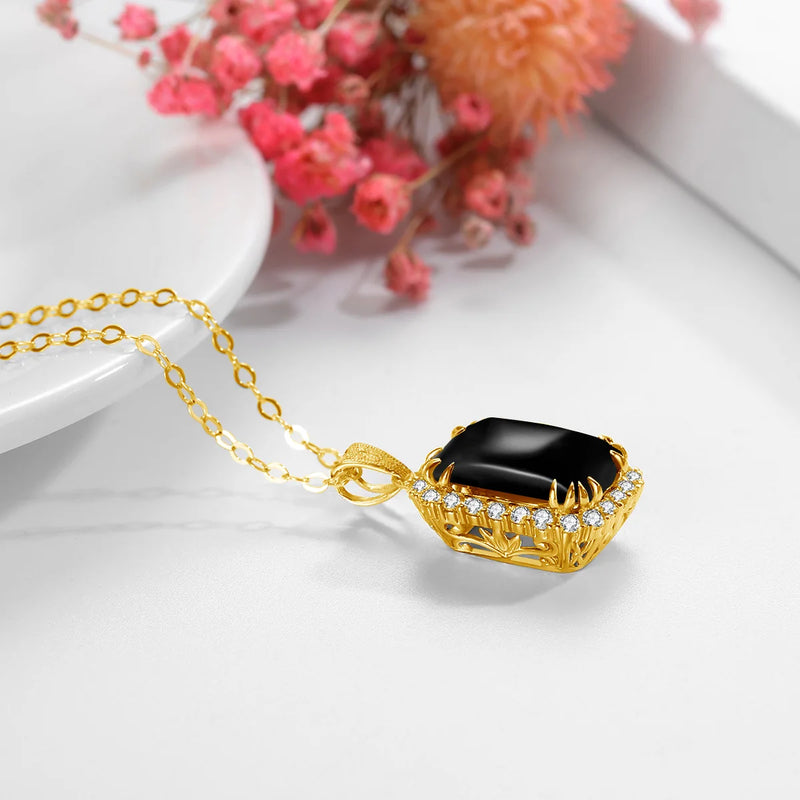 14K Gold Onyx Pendant with Cubic Zirconia for Women