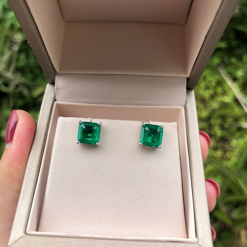 Sterling Silver Emerald Cut Emerald Earrings for Women