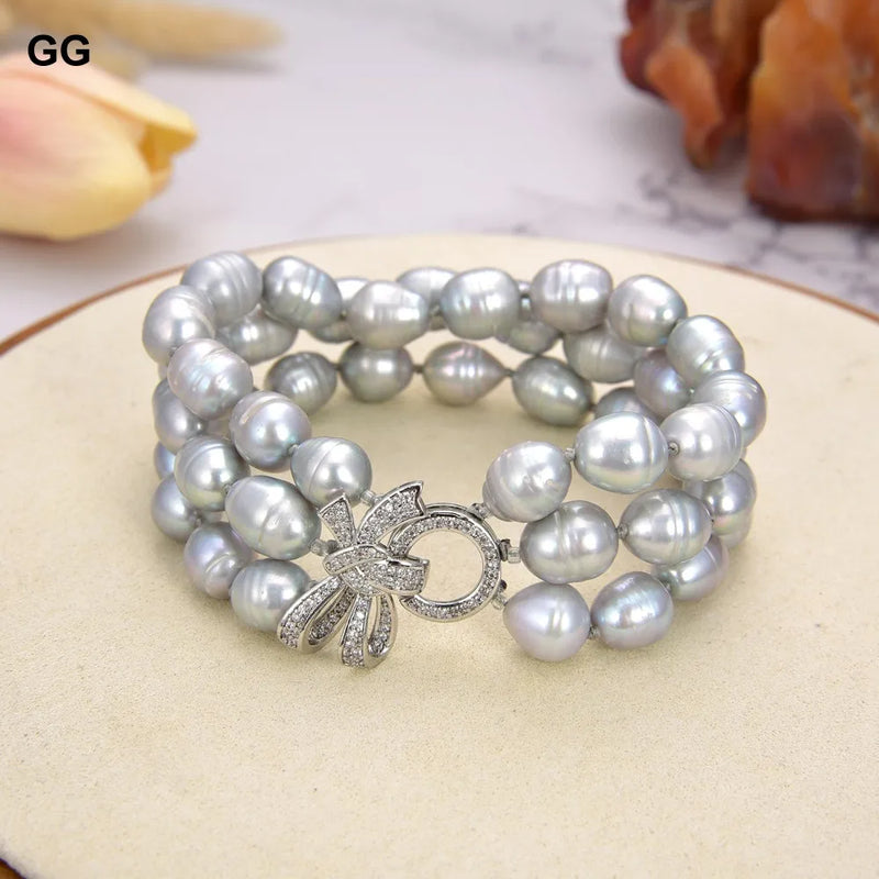 Sterling Silver Natural Gray Rice Pearl Bracelet 8'' CZ Paved Flower Clasp for Women