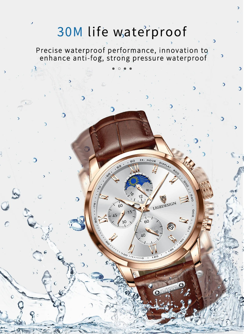 Luxury Men's Fashion Watch with Leather Strap and Waterproof Chronograph Features