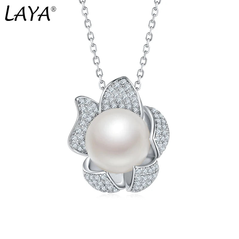 925 Sterling Silver Natural Pearl Flower Pendant Necklace for Women