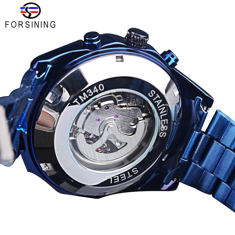 Stainless Steel Skeleton Automatic Watch, Blue for Men