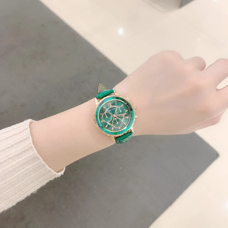 Top Quality Fashion Lady's Luxury Wristwatch: Genuine Leather, Green Dial, Pink Accents