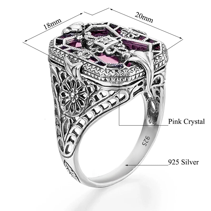 925 Silver Pink Gemstones Ring with Square Stone for Woman