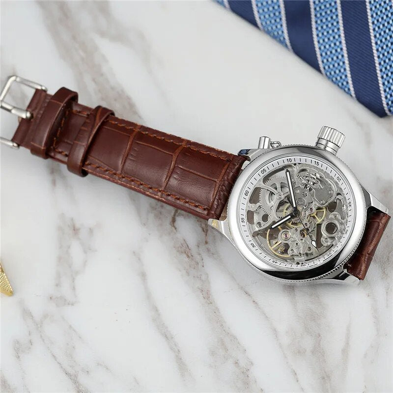 Stainless Steel Automatic Mechanical Skeleton Watch for Men