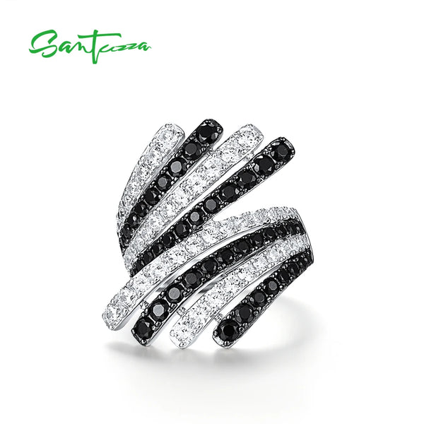 925 Sterling Silver Black Spinel & CZ Feather Ring for Women