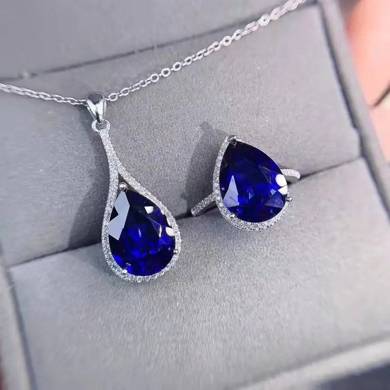 Sterling Silver Natural Sapphire Drop Pendant Necklace Set for Women