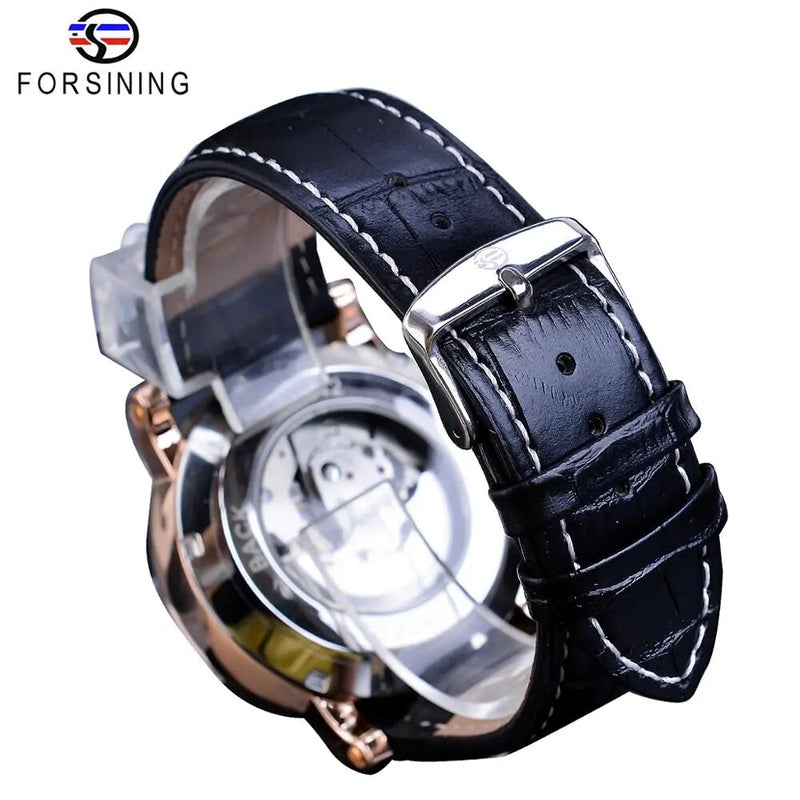 Stainless Steel Leather Band Automatic Watch with Sub Dials for Men