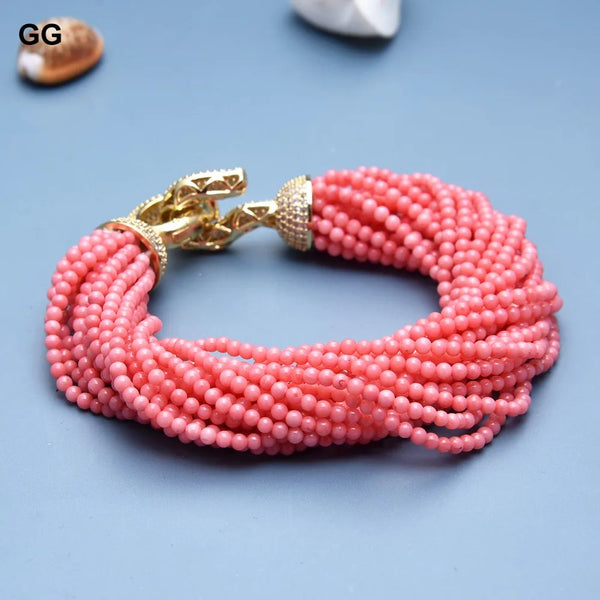 Gold-plated Pink Coral Smooth Beads Bracelet with CZ Pave Clasp for Women