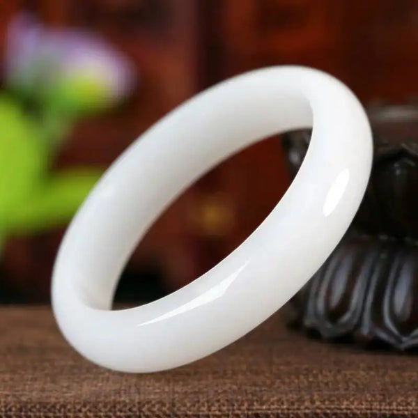 925 Sterling Silver Natural White Jade Bangle Bracelet for Women