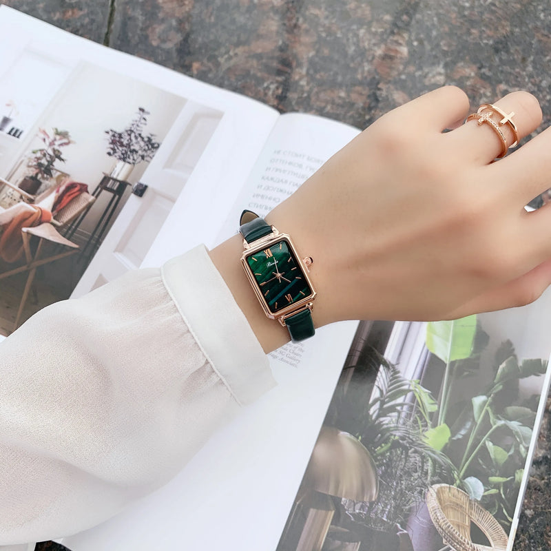 Slim, Green Rectangle Luxury Watch for Women: Quartz Movement, Waterproof, Leather Strap.