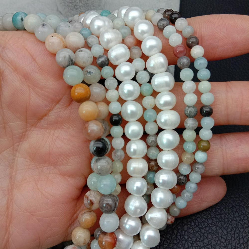 Gold Plated 4mm Amazonite & Freshwater Pearl Mixed Color Necklace for Women