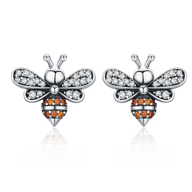 Sterling Silver Clear CZ Bee Stud Earrings for Women